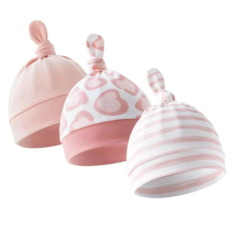 Gorro para bebé recién nacido de 0 a 6M, gorro con estampado anudado bonito, gorro infantil de primavera y otoño, gorros suaves de algodón para niños, regalo de ducha para niñas, 3 unids/lote - imagen 5
