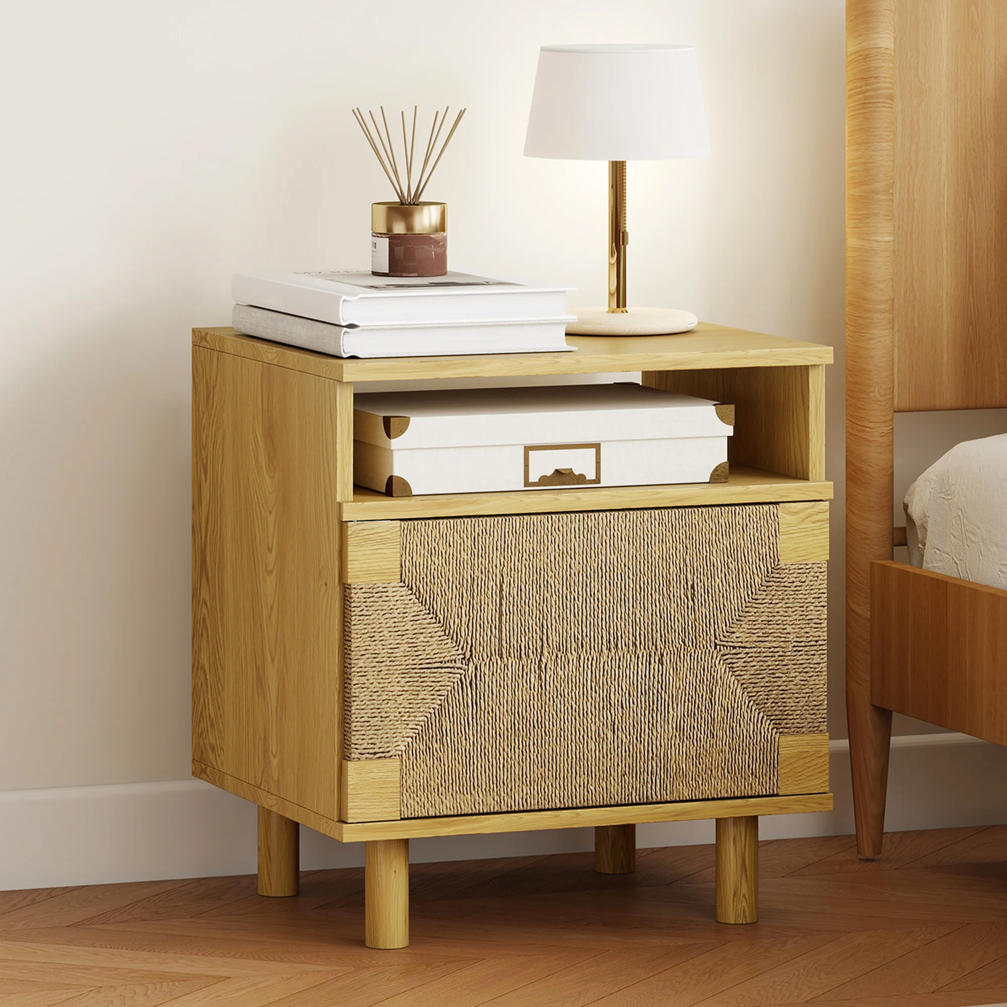 HOMCOM Mesita de Noche Bohemio con Puerta de Cuerda de Papel, Mesilla de Noche con Estante Abierto, Patas de Madera y Apertura por Presión, Mesa Auxiliar para Dormitorio, Salón, 45x39x50 cm, Roble - imagen 2