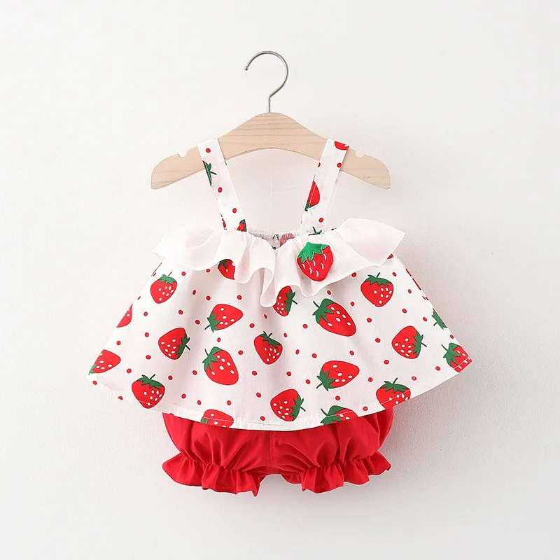 Conjunto de ropa de verano para niña pequeña, Tops sin mangas y pantalones cortos de algodón con estampado de fresas de dibujos animados, BC076, 2 piezas - imagen 3
