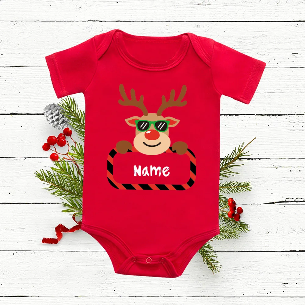 Pelele de Navidad personalizado para bebé, mono de ciervo con nombre para recién nacido, mono de algodón rojo para niño pequeño, ropa de Navidad - imagen 4