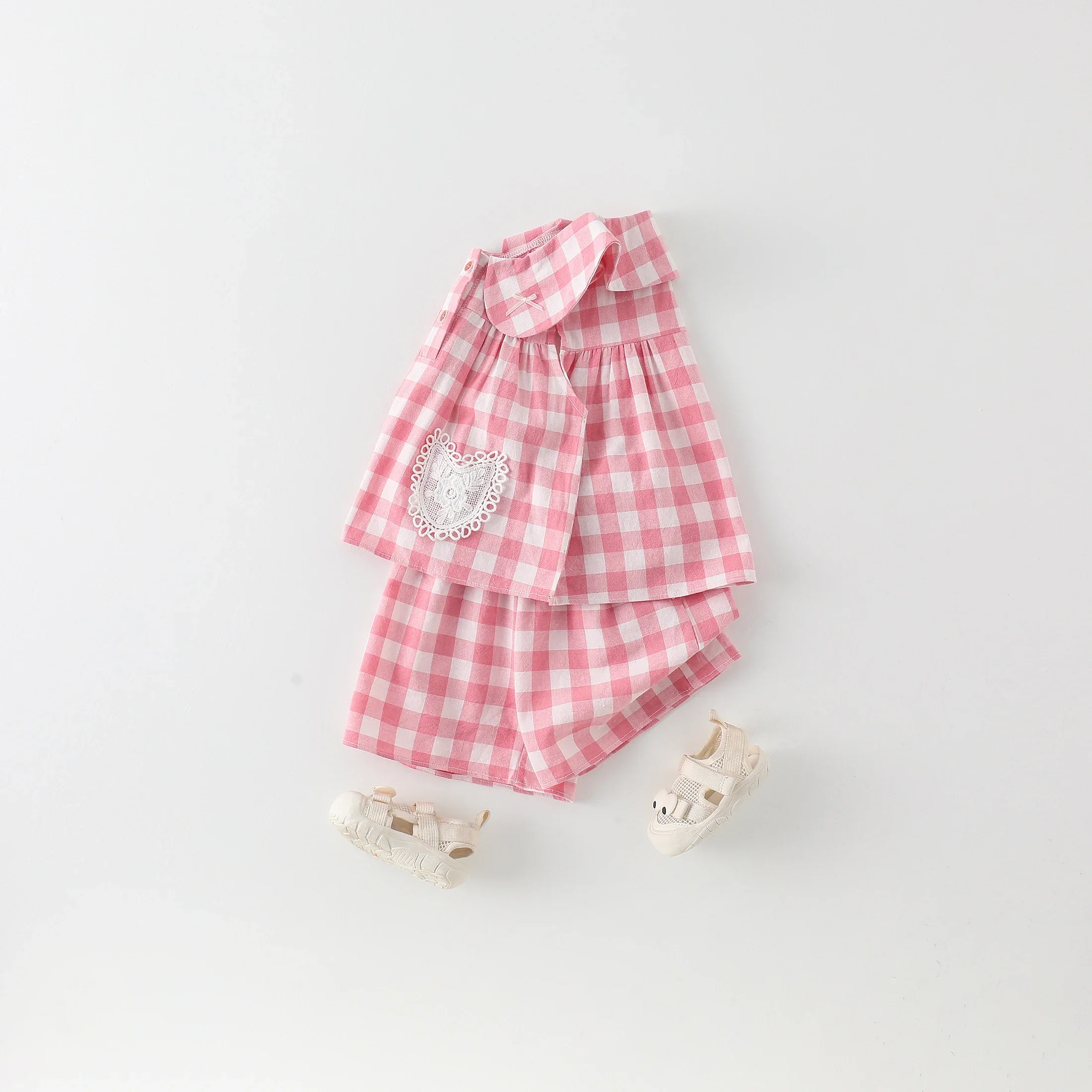 Conjunto de ropa de verano para bebé, camiseta con volantes a cuadros, pantalones cortos combinados, traje rosa, Tops básicos sin mangas, pantalones cortos de estilo holgado, 2 uds. - imagen 4