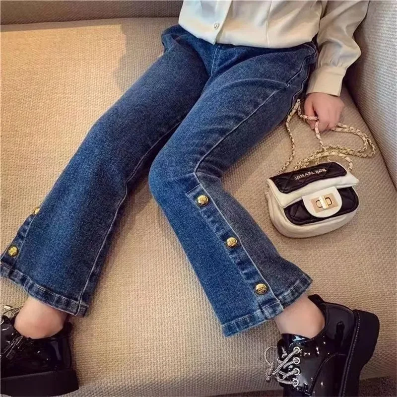 Pantalones vaqueros informales de estilo Retro para niñas, pantalones vaqueros ajustados de campana para niños, pantalones vaqueros de cintura media a la moda para niñas, primavera y otoño - imagen 2