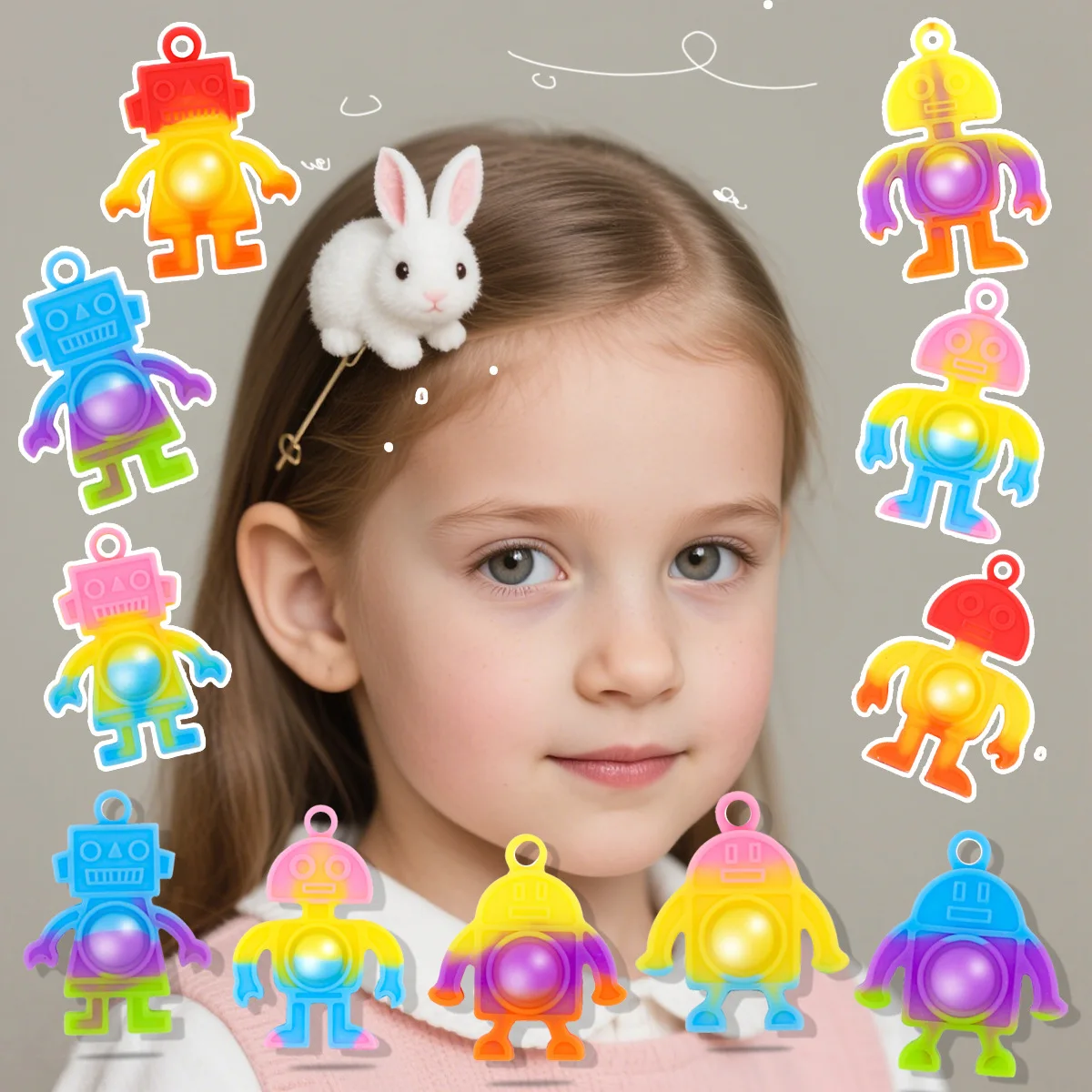 Mini Robot de arcoíris para niños, juguete de descompresión de la yema del dedo, llavero de presión de silicona, recompensa, regalos de fiesta de cumpleaños, 10/20 Uds. - imagen 4