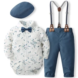 Conjunto de 5 piezas para niño pequeño, traje de algodón de manga larga con estampado de caballero y pantalones, ropa para recién nacido, BC211