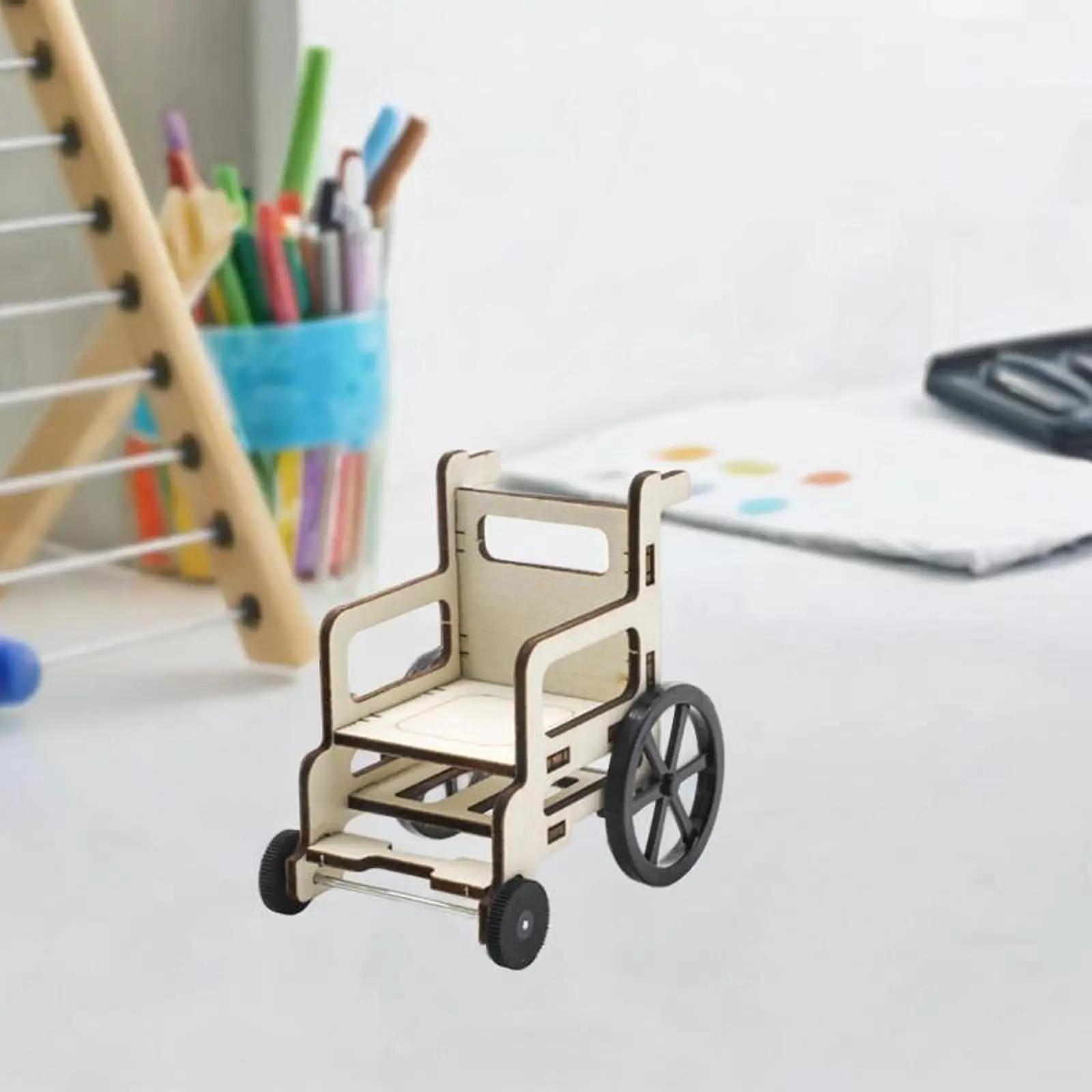 Science Wheelchair Model Dollhouse Miniature Small Creative Puzzle Building Kit Toy Wooden Kids Educational Toy DIY Assembly Toy