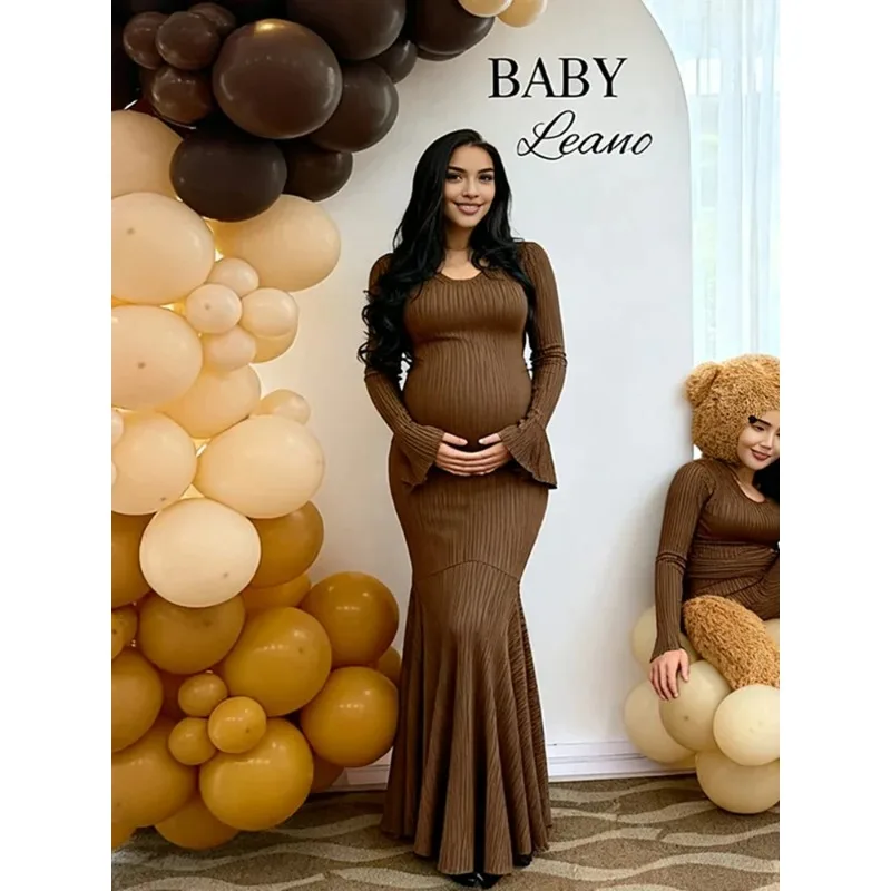 Vestido acanalado de maternidad manga larga para sesión de fotos - imagen 2