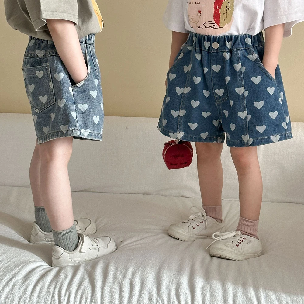 Vaqueros cortos con corazones para niñas 1-8 años, cintura elástica - imagen 2