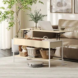 HOMCOM Mesa de Centro Elevable Mesa de Café con Cierre Suave Espacio Oculto de Almacenaje y Estante Abierto 95x40x59 cm Natural y Blanco