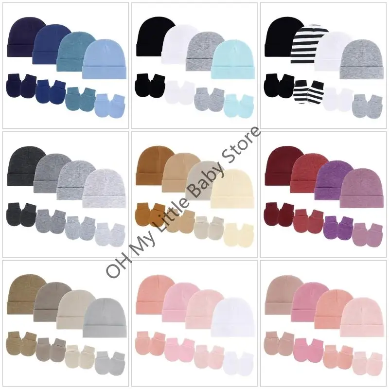 M76C Juego 4 gorros elásticos para recién nacidos y manoplas para bebé a prueba arañazos, bordes elásticos suaves, para