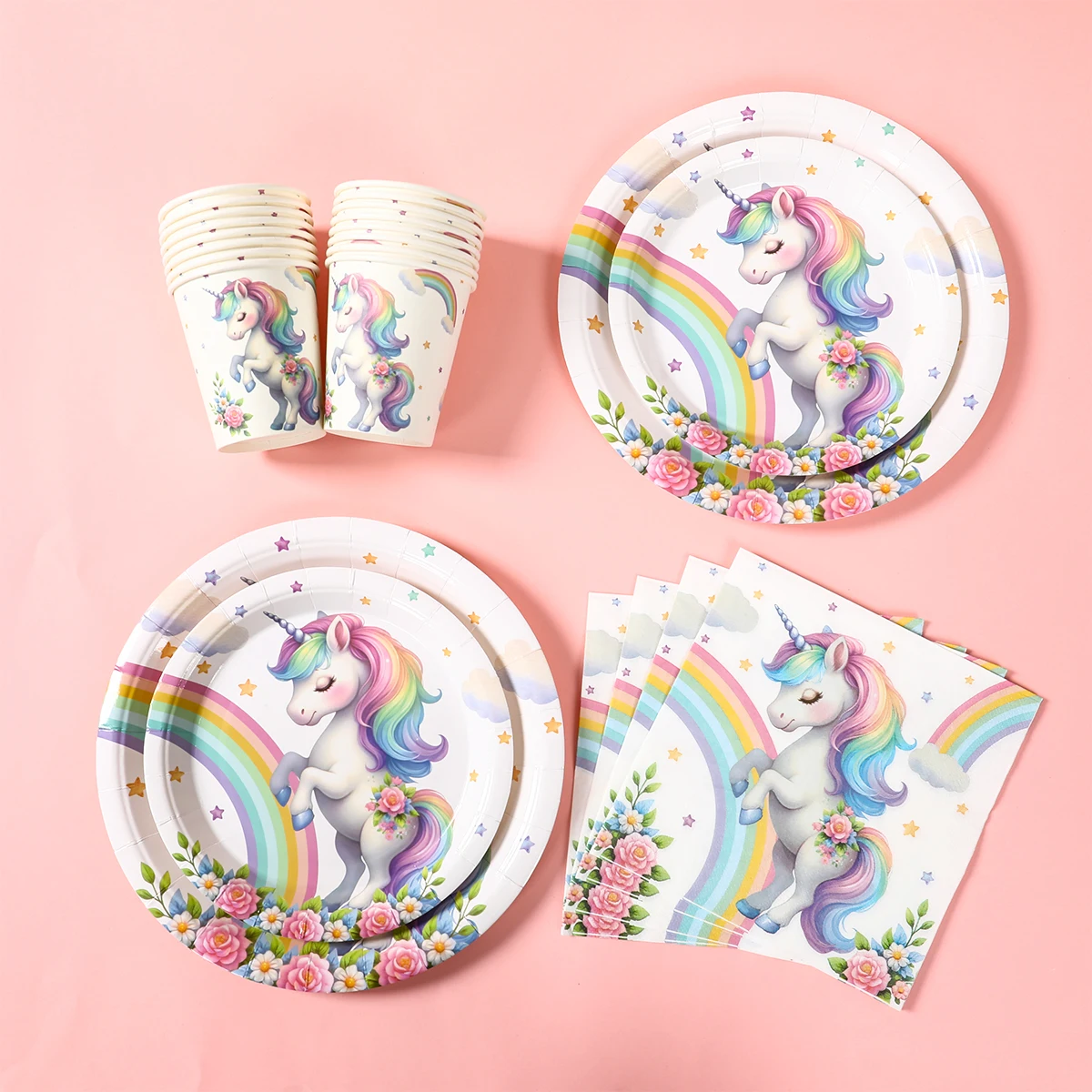 Vajilla desechable de unicornio de arcoíris, decoración de fiesta de primer cumpleaños para niños y niñas, juego de vajillas unicornio, suministros para fiesta de bienvenida para bebés - imagen 4
