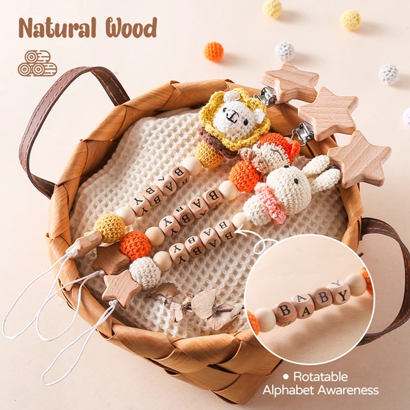 Cadena de chupete de madera personalizada para bebé, Clip de conejito de ganchillo sin BPA, soporte para pezón de recién nacido, accesorio de dentición, regalos - imagen 3