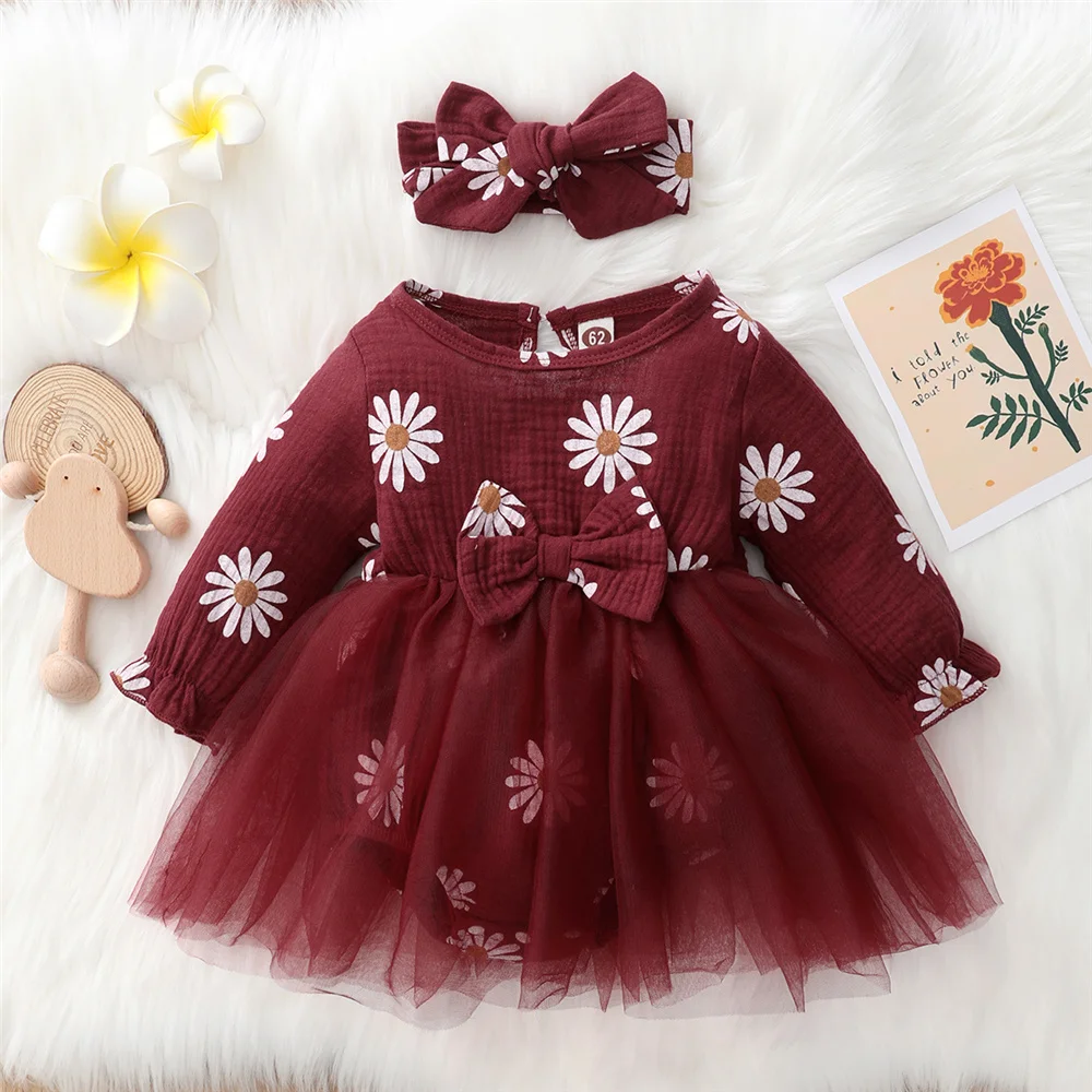Vestido mameluco para niña recién nacida, mono de tul con estampado de flores de manga larga, ropa roja para celebración de vacaciones, vestido de princesa