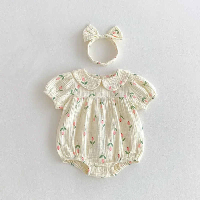 Body de tulipán infantil de lino y algodón con banda para el pelo, conjunto de camisa y pantalones cortos cómodos florales para niñas recién nacidas, novedad de verano 2026 - imagen 5
