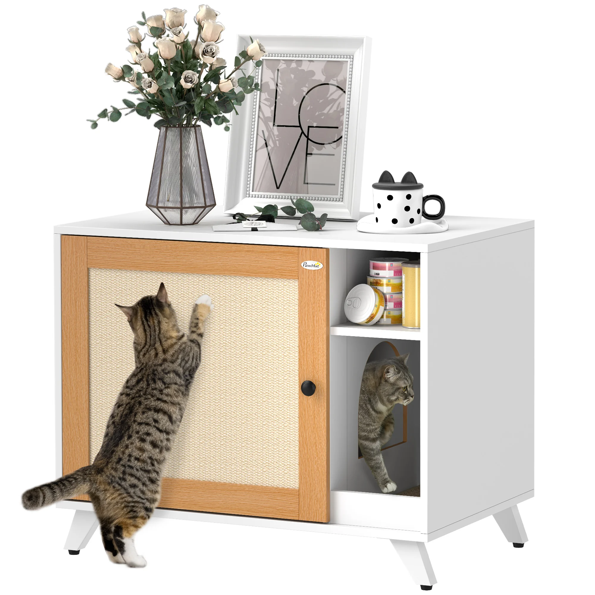 PawHut Mueble Arenero para Gatos Caja de Arena para Gatos con Puerta con Almohadilla para Rascar y Compartimento Arenero para Gatos para Salón Dormitorio 77x50x63 cm Blanco