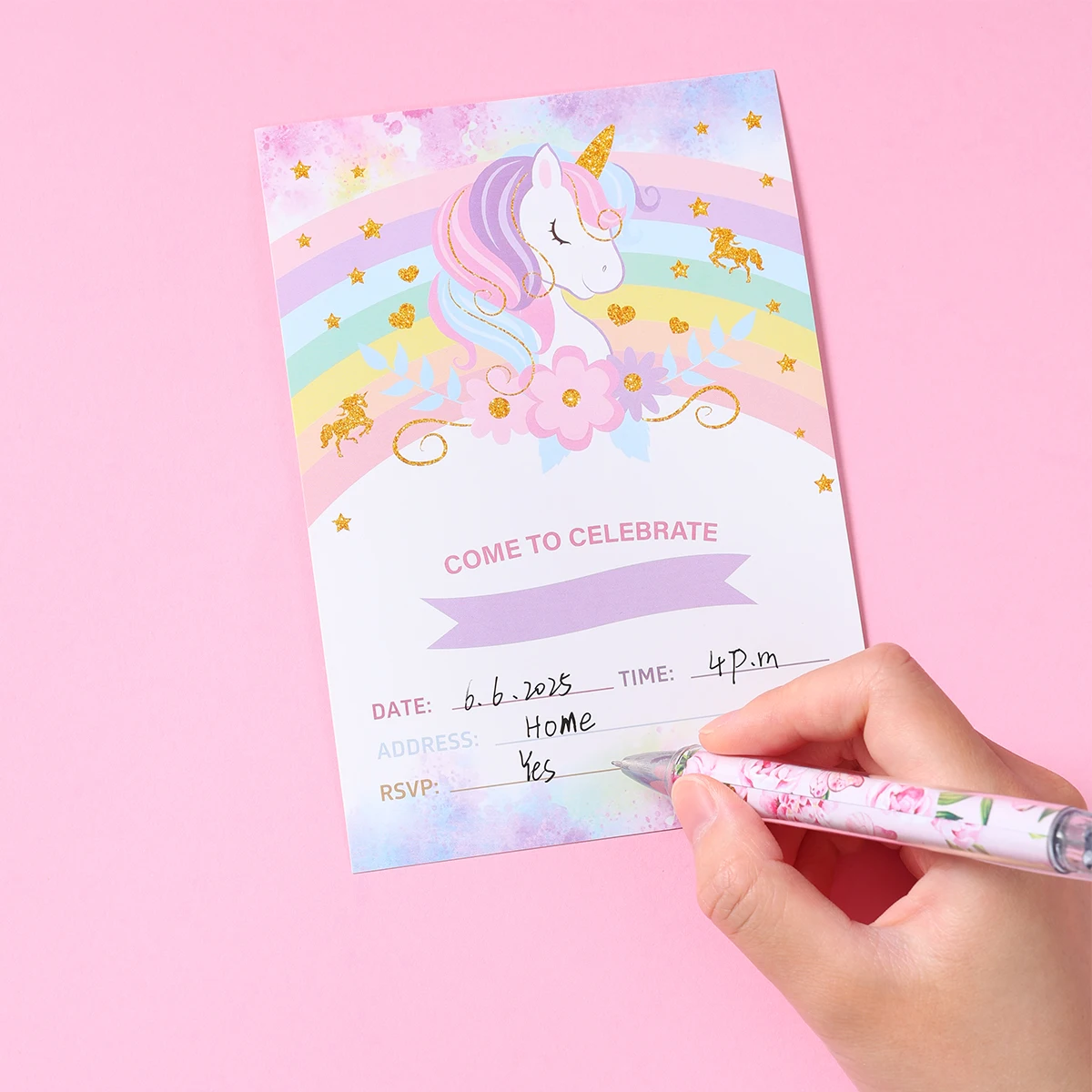 12 Uds. Tarjeta de invitación unicornio Arco Iris globo sobre tarjeta chica unicornio Fiesta Temática invitación decoración de fiesta de feliz cumpleaños - imagen 2