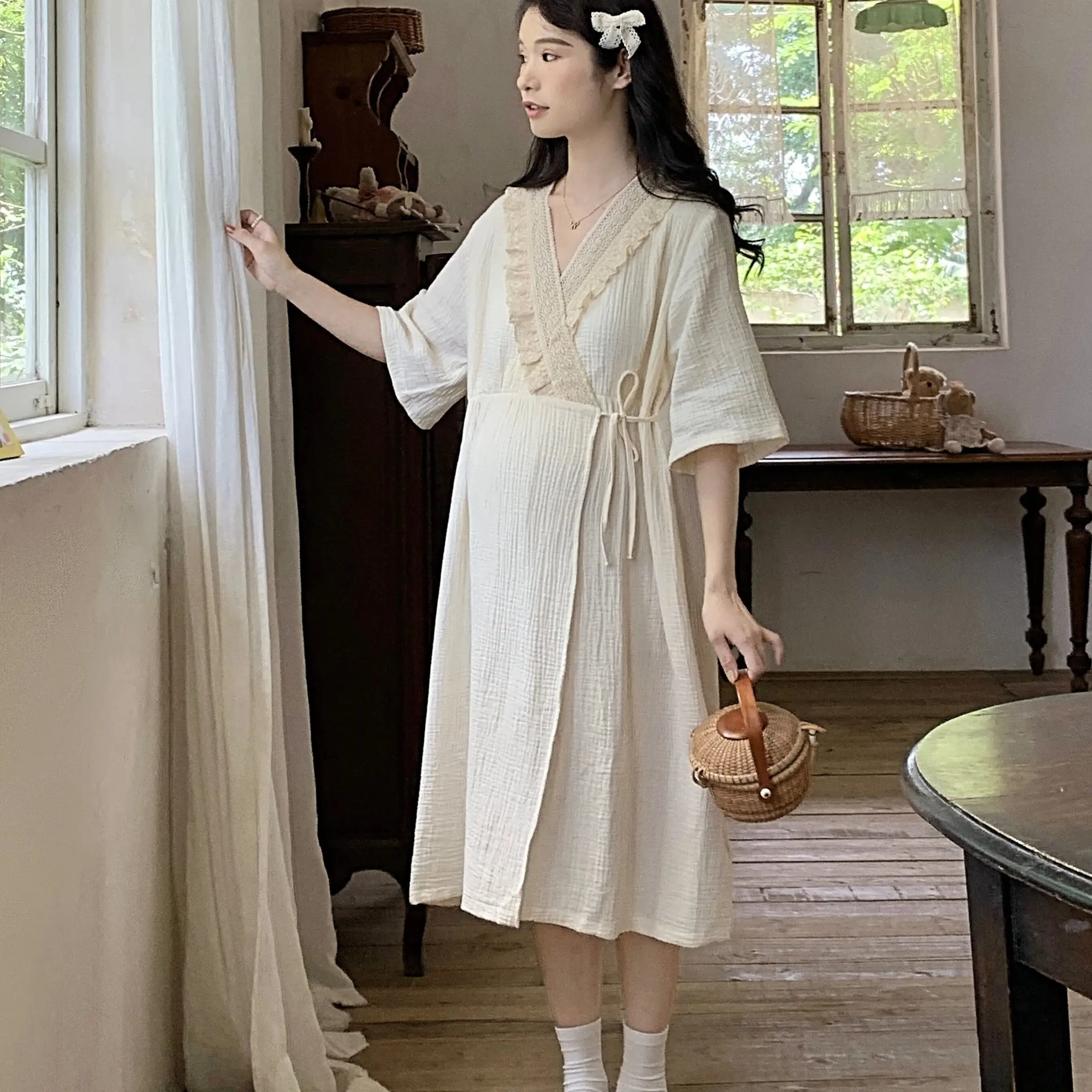 100% de algodón, ropa de dormir de maternidad para lactancia, vestido de noche de alimentación de manga corta, ropa de dormir de moda para mujeres embarazadas, salón en casa - imagen 3