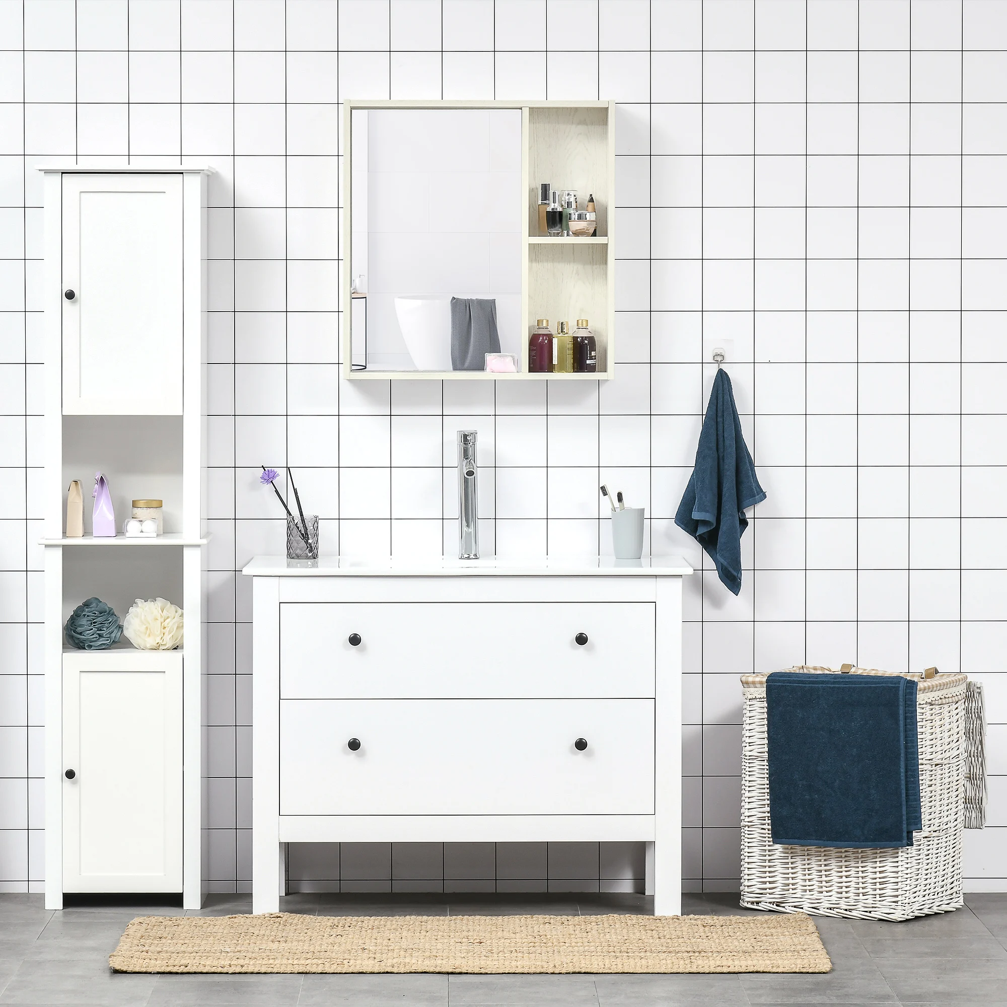 HOMCOM Armario de Baño con Espejo Armario con Espejo para Baño con Estantes Mueble para Baño Estilo Moderno 63x15x65 cm Blanco - imagen 4