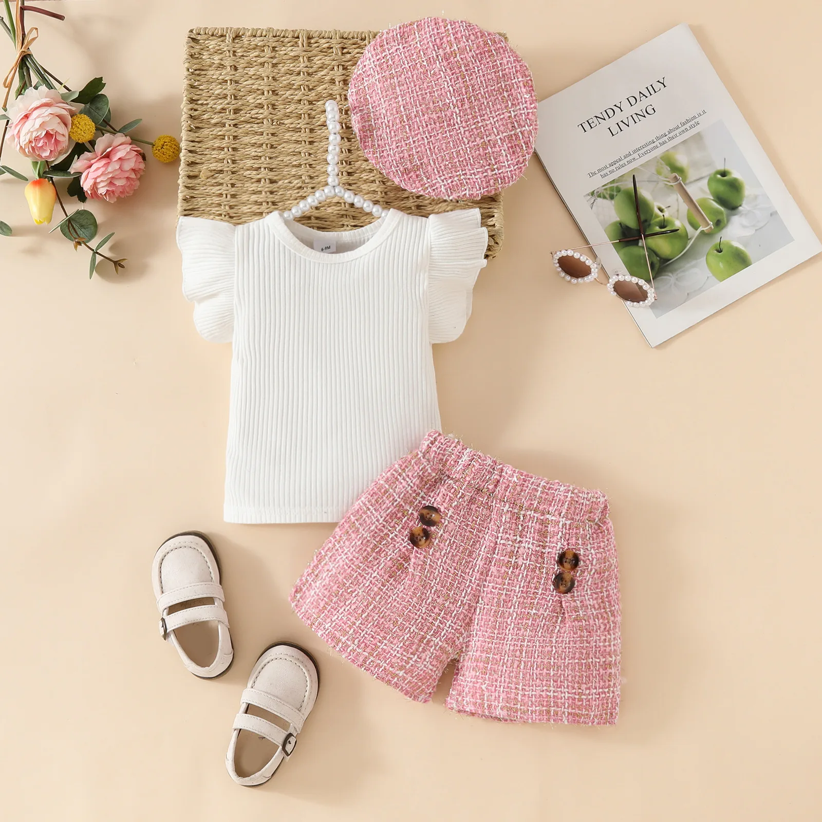 Conjunto de 3 piezas de pantalones cortos con botones y estampado a cuadros de manga corta para niña, moda de verano, ropa de calle + sombrero - imagen 2