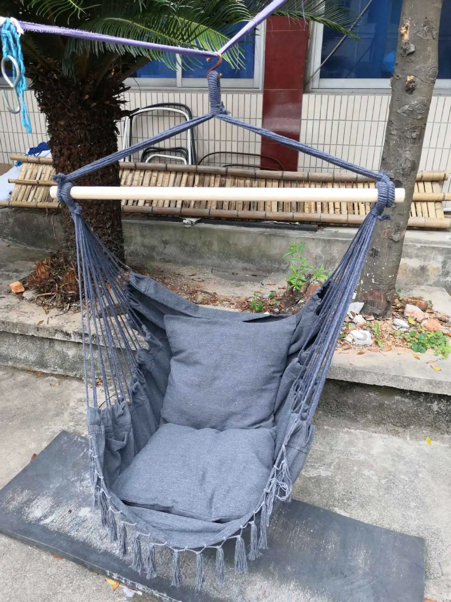 Hamaca boho de algodón tejida a mano vista frontal