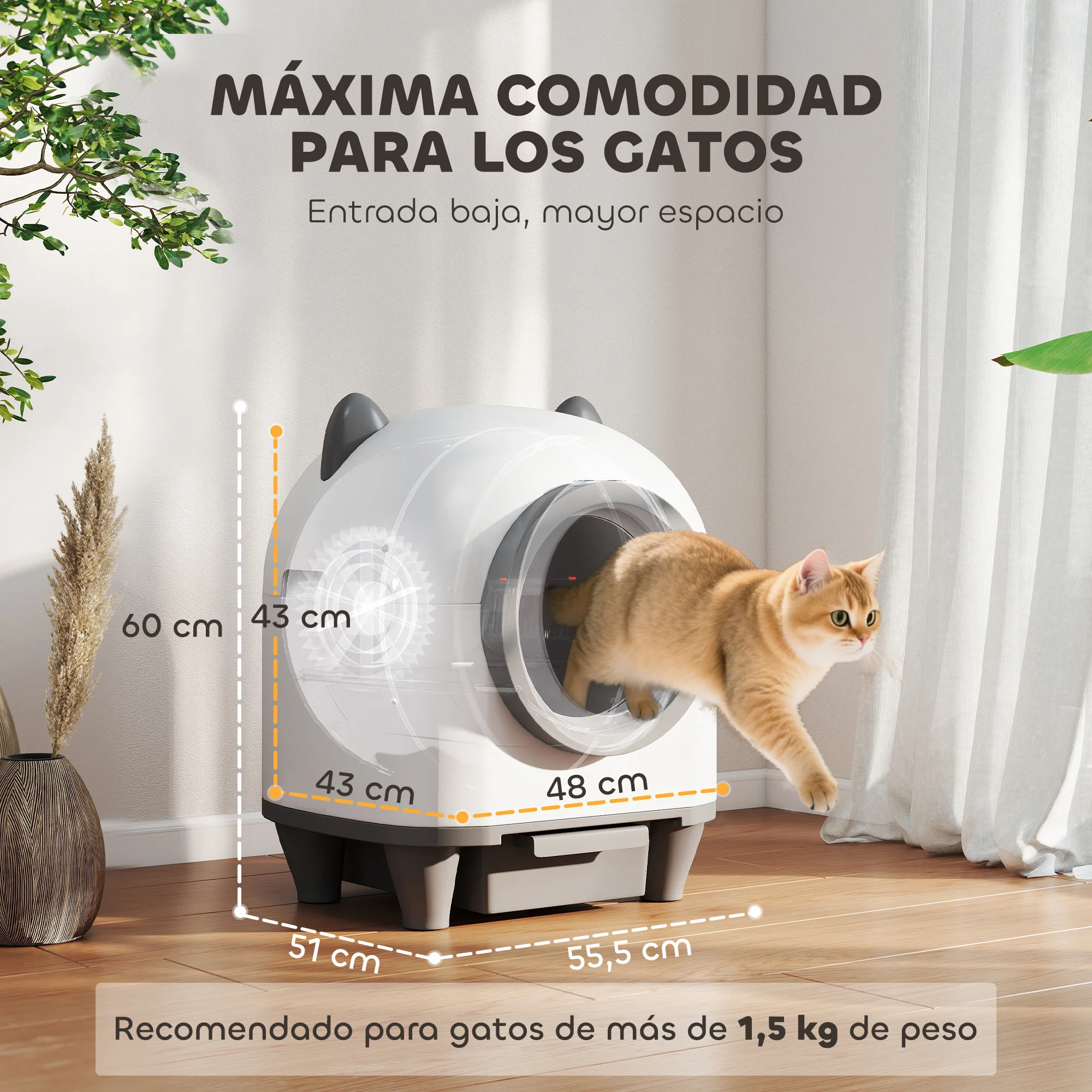 PawHut Arenero Gatos Autolimpiable 80L Arenero Autolimpiable Eliminación de Olores Control de APP Protección de Seguridad 1 Rollo de Bolsas de Basura - imagen 3