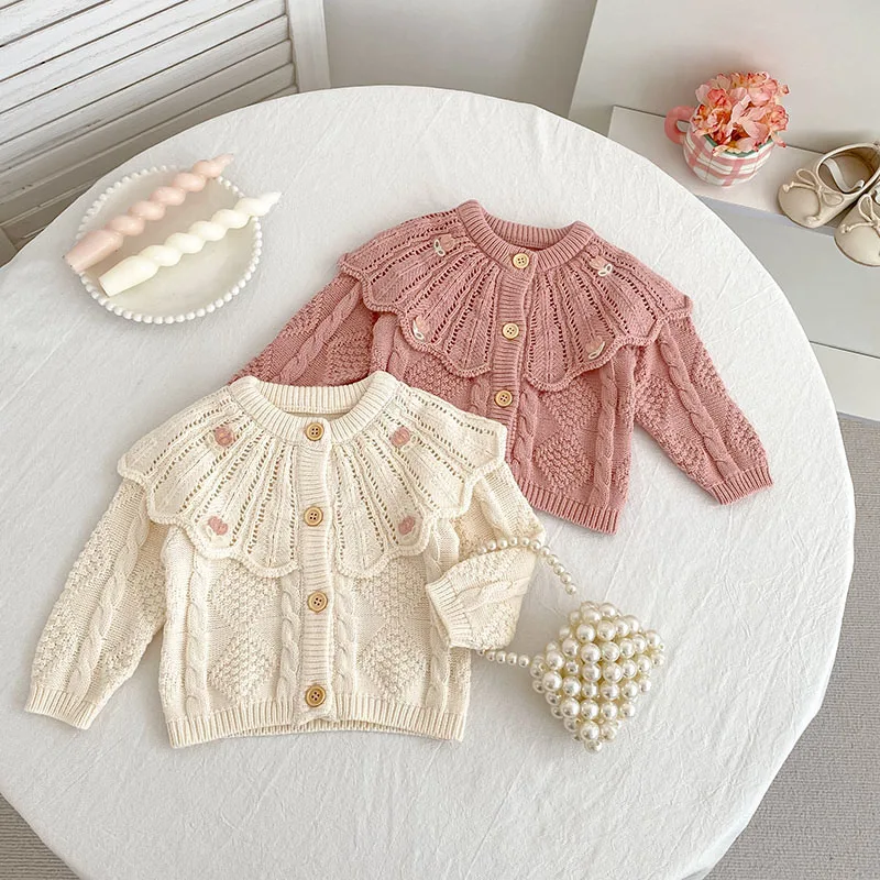 MILANCEL, nuevo cárdigan tejido de otoño para bebé de 0 a 3T, cuello de muñeca calado, suéter tejido para niñas pequeñas, Tops de flores dulces, ropa - imagen 3