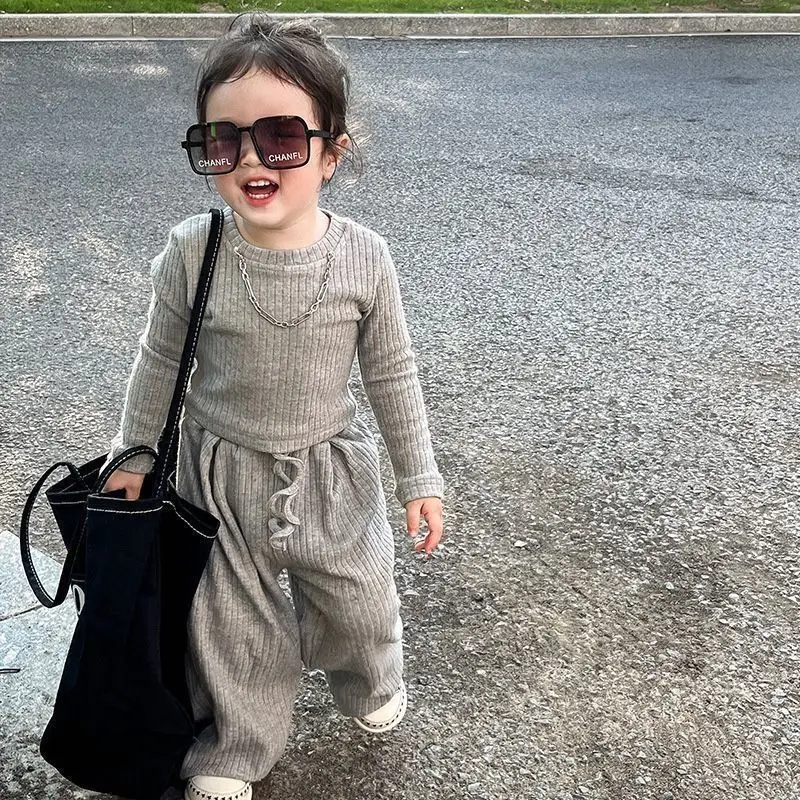 Conjunto moda bebé niña: top manga larga pantalón liso primavera otoño
