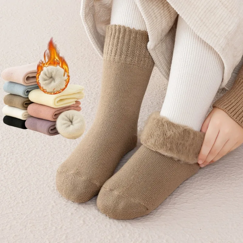 Calcetines térmicos suaves y cálidos de lana para niñas, medias de felpa de Cachemira para bebés, calcetines de invierno y otoño de Color sólido, calzado acogedor para niños - imagen 2