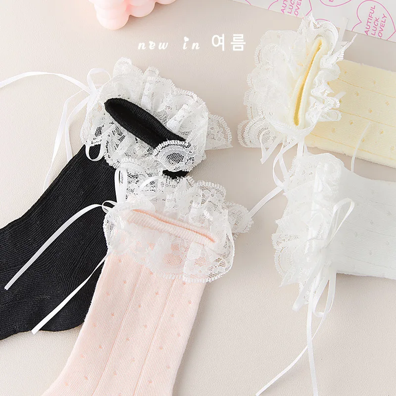 1 par de calcetines coreanos dulces con lazo de encaje para niños y niñas, calcetines de pantorrilla transpirables con volantes de princesa, calcetines finos de algodón suave para la escuela