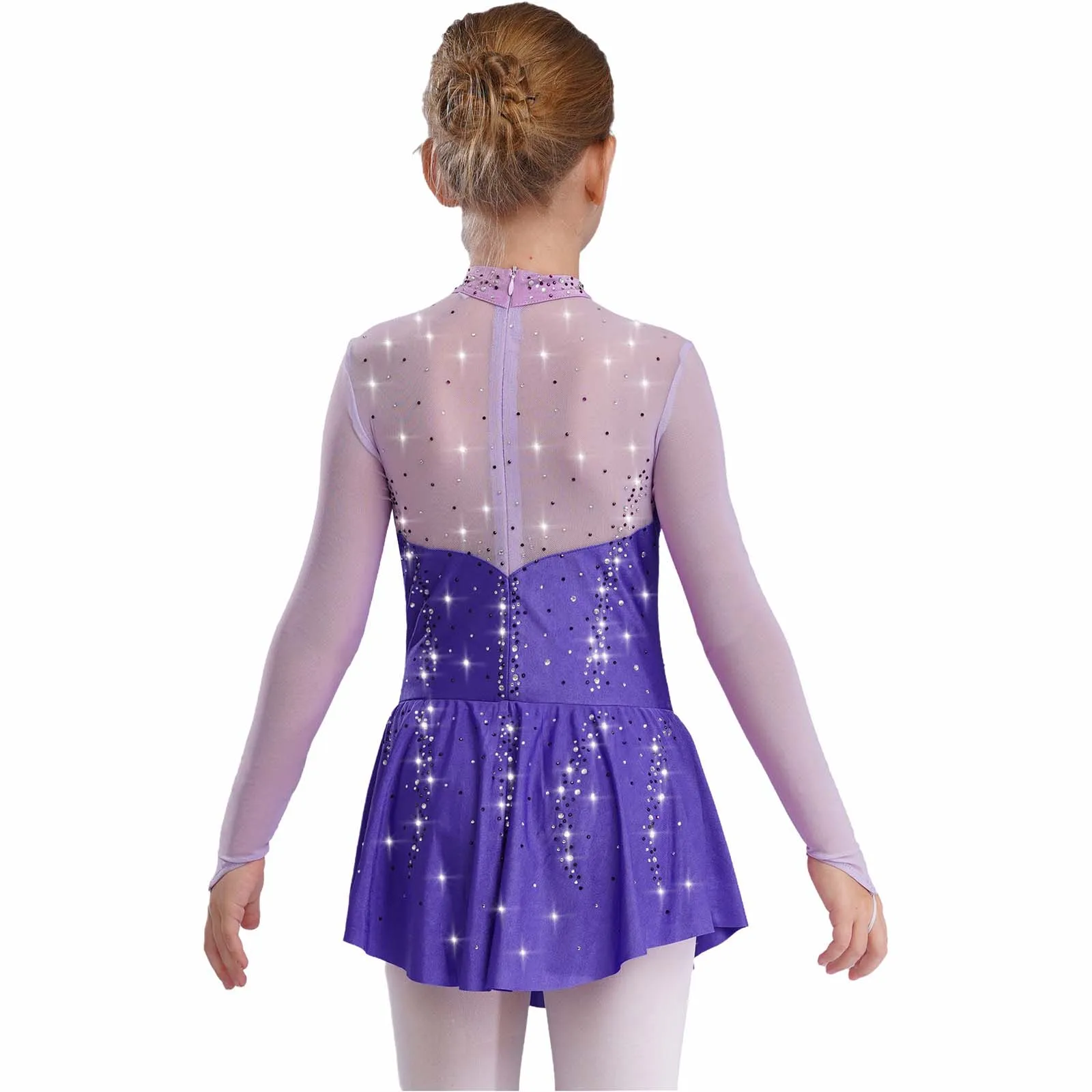 Vestido de baile de patinaje artístico para niñas, leotardo con falda para gimnasia y Ballet, vestido de malla transparente con diamantes de imitación y bloques de Color de manga larga - imagen 4