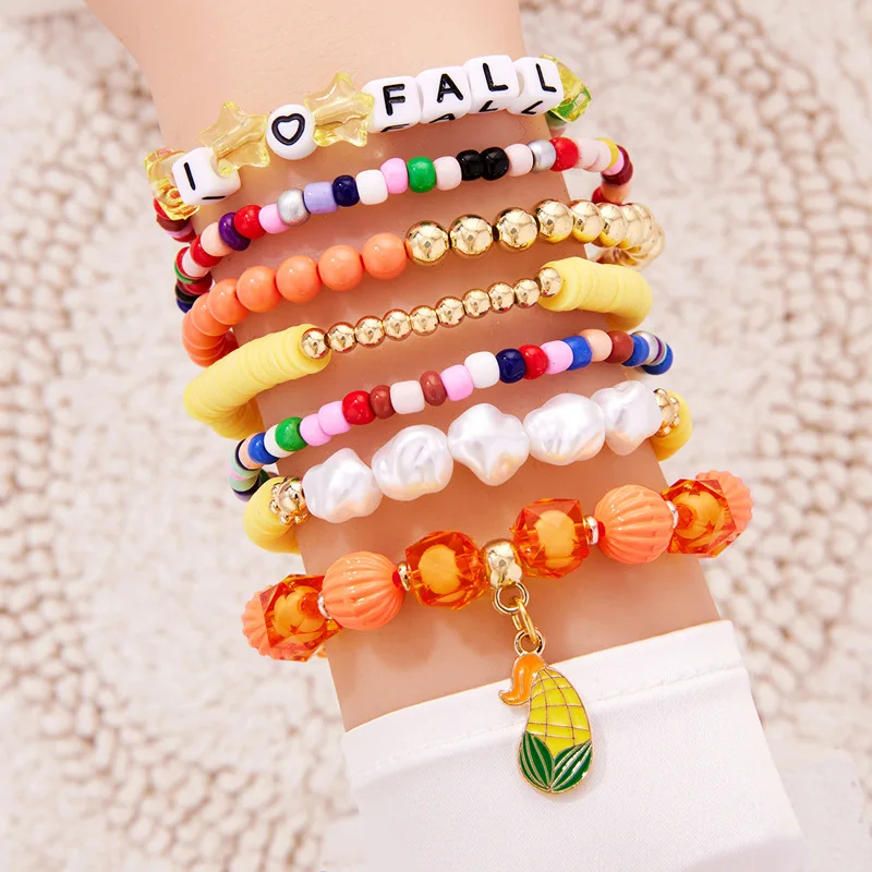 1/2 Uds. Conjunto de pulsera con colgante de hoja de arce de pavo de Acción de Gracias de Color aleatorio pulsera de cristal naranja de calabaza de cosecha de otoño - imagen 2
