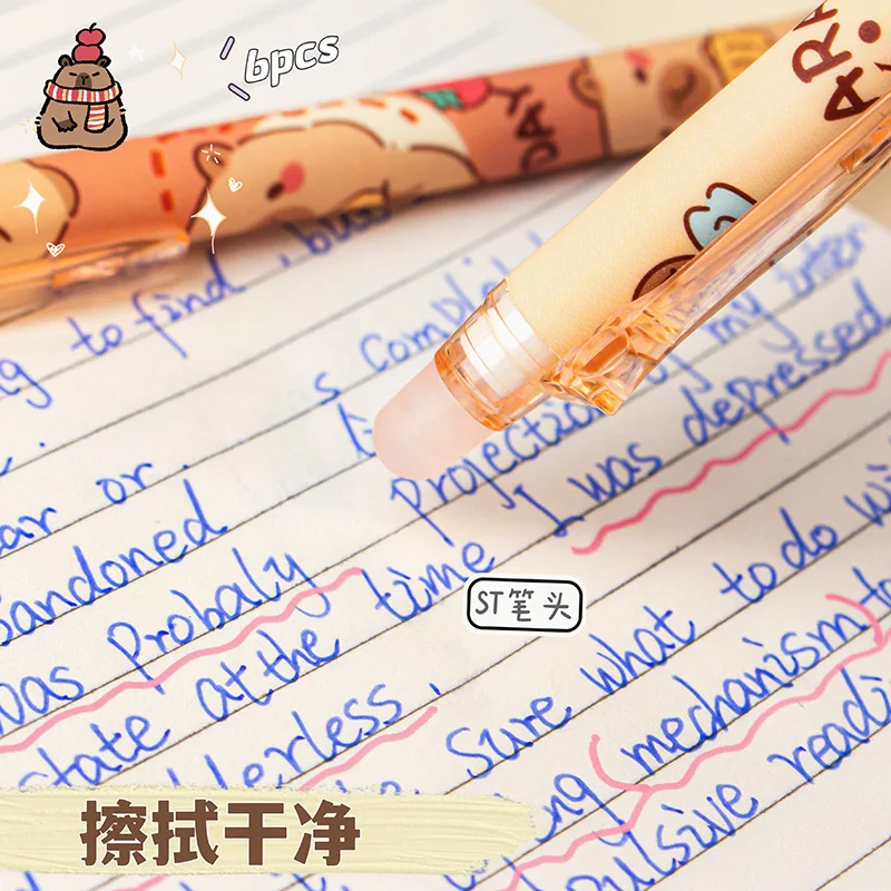 Bolígrafo borrable de capibara, tinta azul para escritura, bolígrafos suaves de secado rápido, accesorios escolares y de oficina, regalo de papelería para estudiantes, 6 uds. - imagen 2