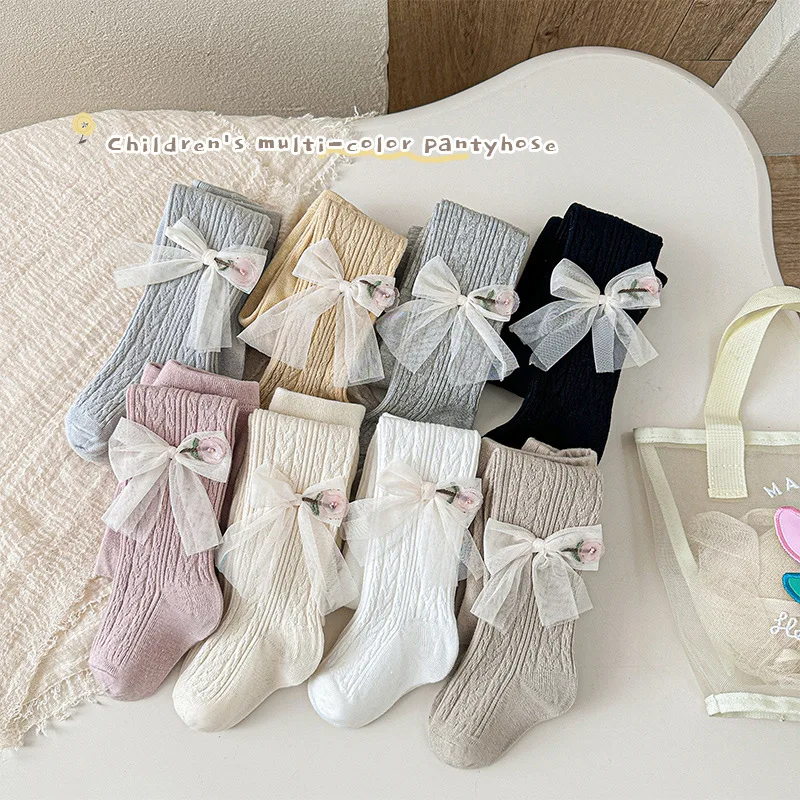 Otoño primavera, mallas para niñas, pantimedias para bebés recién nacidos, calcetines con lazo, calcetines para bebés, medias de algodón suave