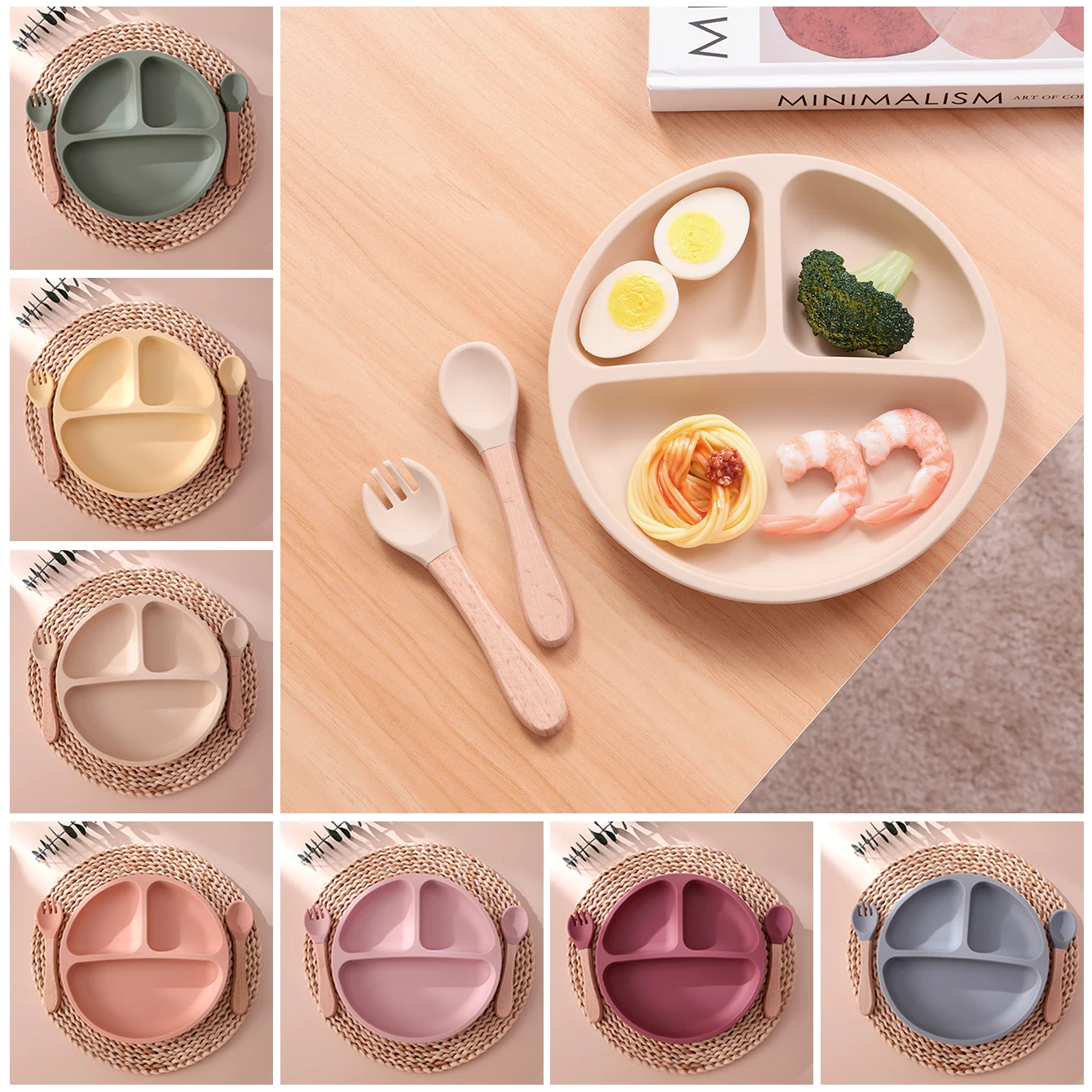 Set vajilla silicona bebé con cubiertos madera