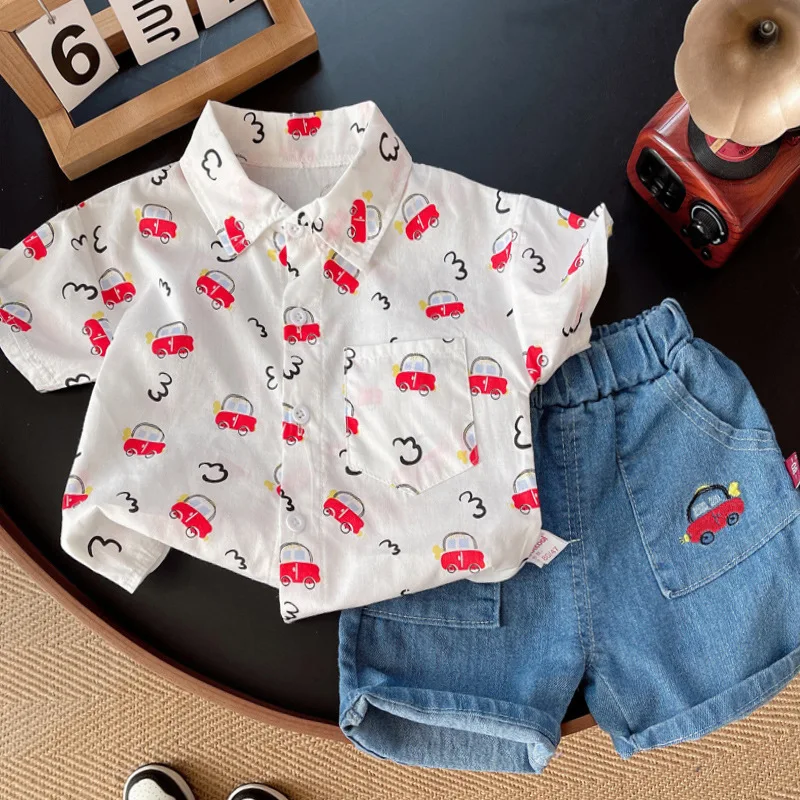 Conjuntos de 2 piezas de ropa de Boutique para niño, moda coreana, Tops informales de manga corta con dibujos animados para bebé + Pantalones cortos vaqueros, ropa para niño B014