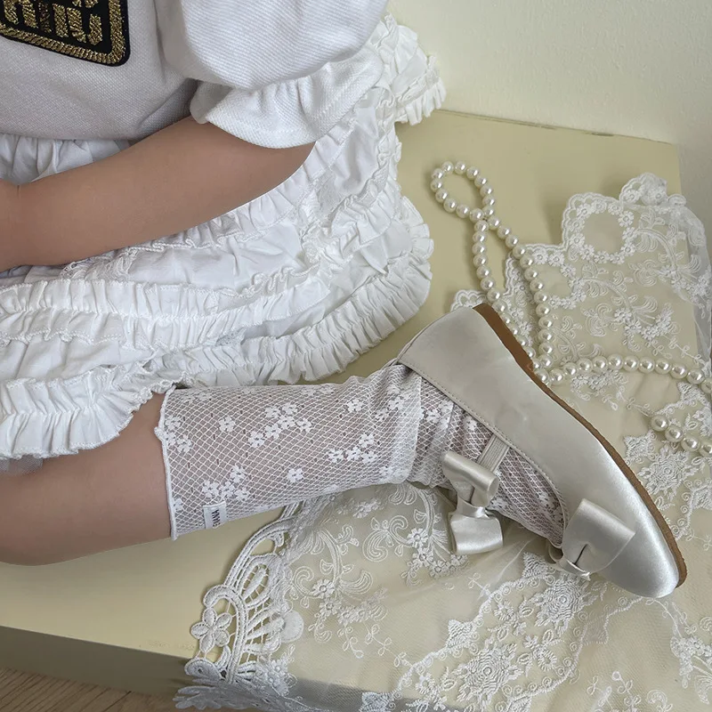 1 par de calcetines finos de verano para niños y niñas, calcetines de pelo suelto con bordado Floral de belleza, calcetines escolares suaves y transpirables a la moda para niños - imagen 5