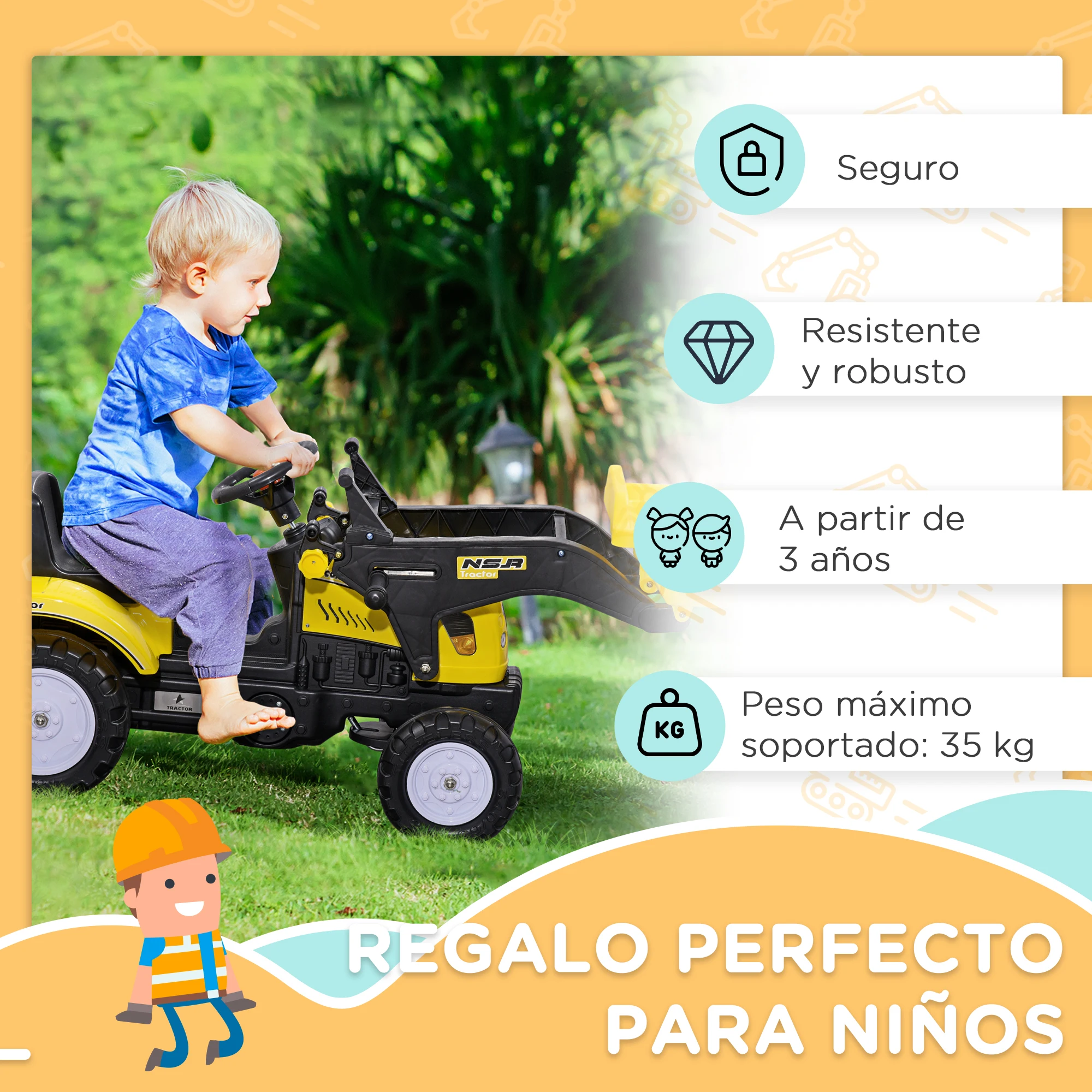 HOMCOM Tractor a Pedales para Niños de 3 Años Excavadora Camión con Pala Delantera Juguete de Montar Coche de Pedales Carga 35 kg 114x41x52 cm Amarillo - imagen 5
