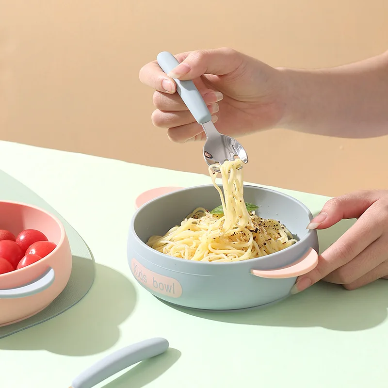 Cuenco de alimentación de bebé de silicona, vajilla para niños, cuenco de succión con cuchara, tenedor, platos para niños, utensilios de cocina anticaída, cosas para bebés - imagen 3