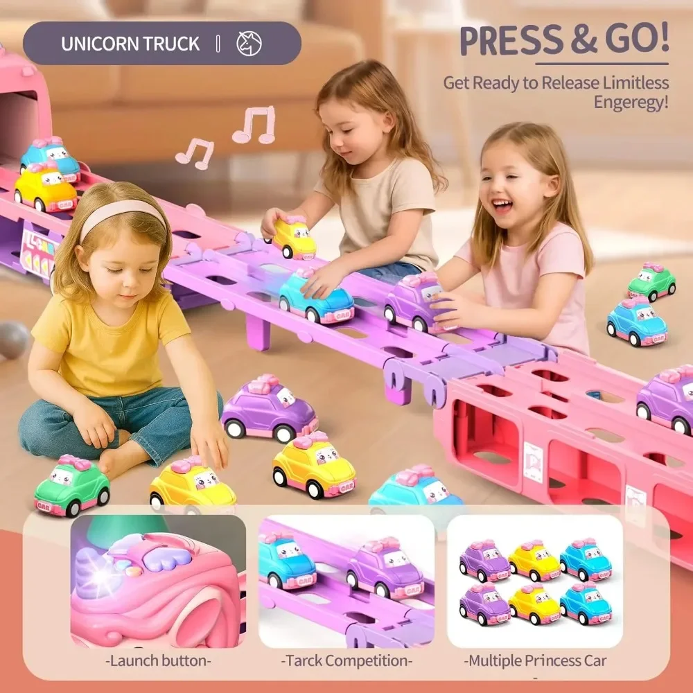Coche de juguete para niña pequeña, camión de unicornio, pista de carreras plegable con luz y sonido, potencia de fricción, coche de princesa, regalo de cumpleaños para chico - imagen 4