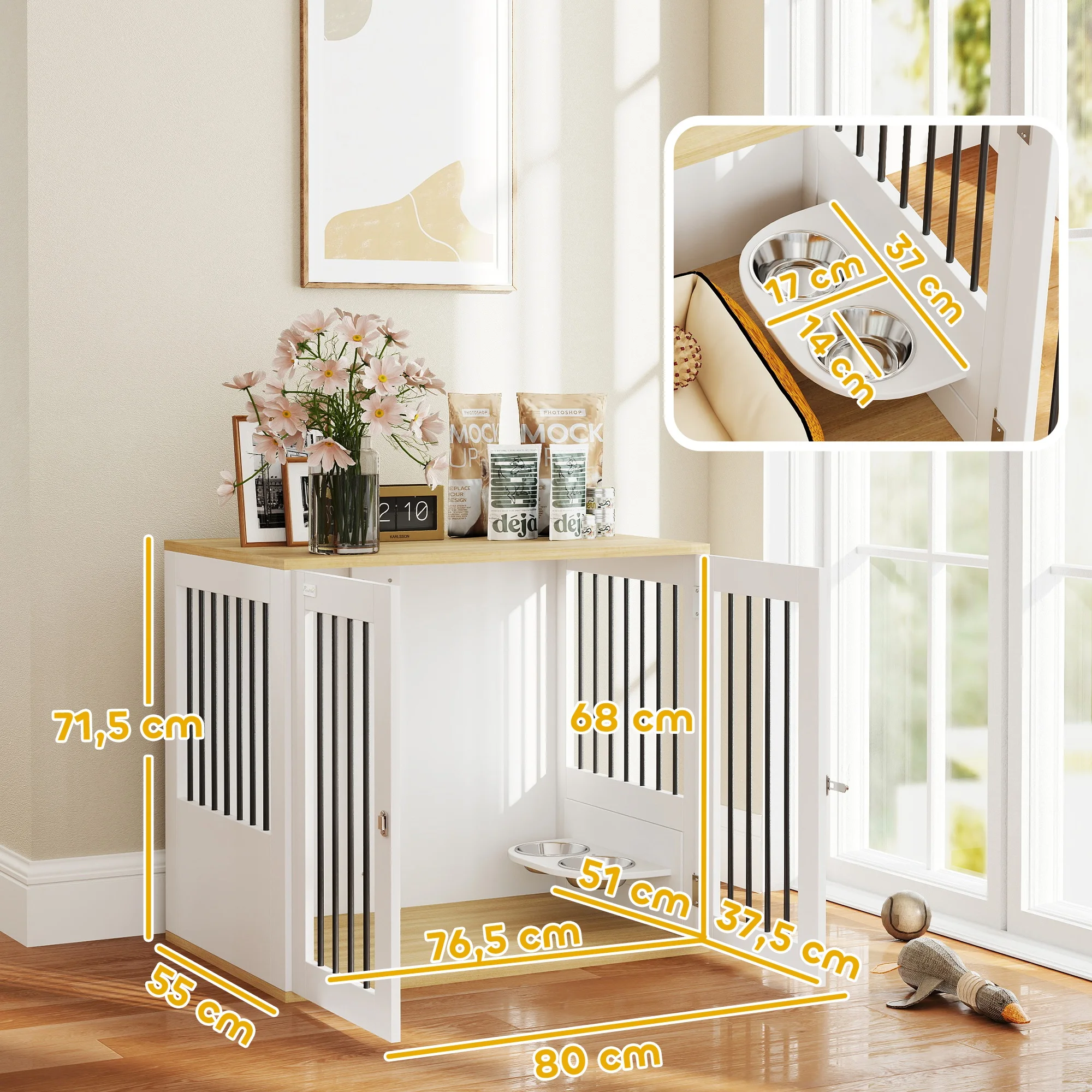 PawHut Jaula para Perros Medianos 2 en 1 Mesa Auxiliar con 2 Puertas con Pestillo Comedero Giratorio de 360° 2 Cuencos y Almohadillas Antideslizantes 80x55x71,5 cm Blanco - imagen 3