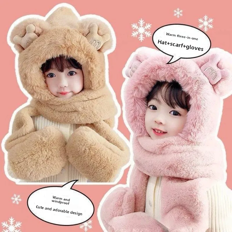 Conjunto 3 en 1 para niños de otoño e invierno: combinación de gorro, bufanda y guantes de felpa gruesos y cálidos, estilo de cubierta para la cabeza para niños, niñas y niños pequeños. - imagen 2