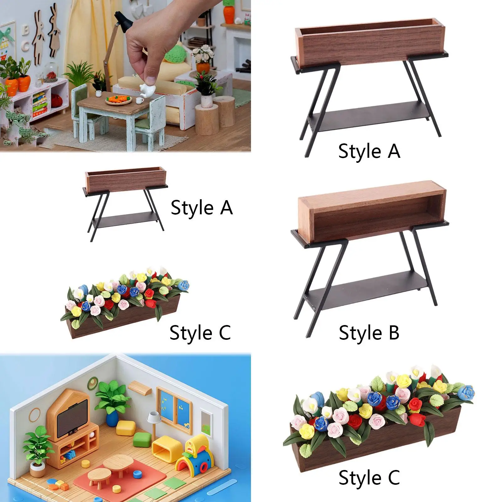1/12 Dollhouse Miniature Flowerpot Stand Wooden Bookcase Display Shelf