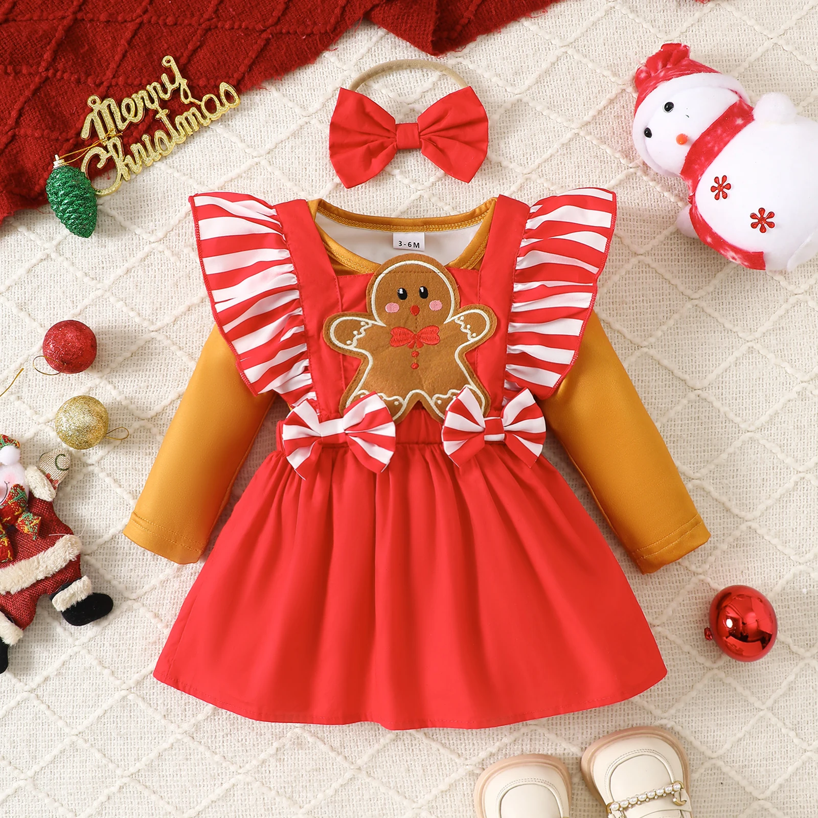 Conjunto de pan de jengibre para niña de 0 a 18 meses, pelele de manga larga con volantes, vestido general con mangas voladoras, diadema con lazo, conjunto de Navidad de 3 uds.