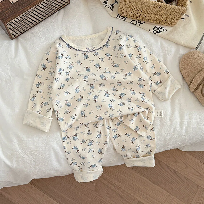 Conjunto de pijamas para niñas de 2 a 5T, ropa de descanso Floral de conejito de dibujos animados, ropa de hogar con rejilla coreana para niños, ropa de dormir con diseño de letras para niños