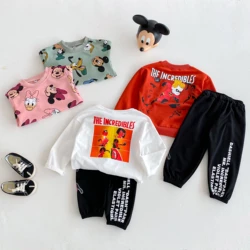 Conjunto de dos piezas para niños, Tops de manga larga + pantalones de chándal, trajes para niños con estampado de dibujos animados de Disney, nuevo estilo de otoño