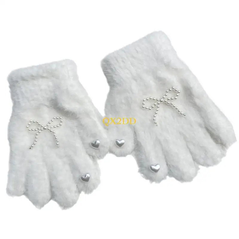 QX2D Guantes Elegantes con Lazos Perlas para niñas 3 a 8 años Manoplas Punto Suave - imagen 4