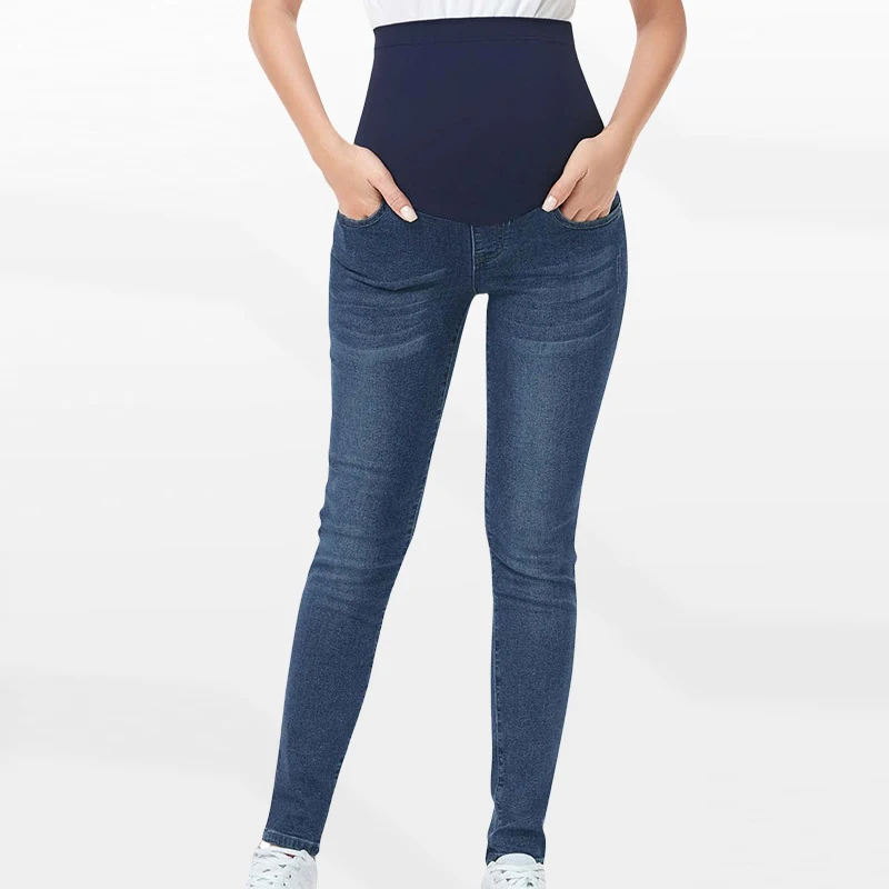 Pantalón de maternidad Otoño e Invierno nuevo ajustado de cintura alta mujeres embarazadas Jeans soporte cintura levantamiento cadera pies pequeños elásticos