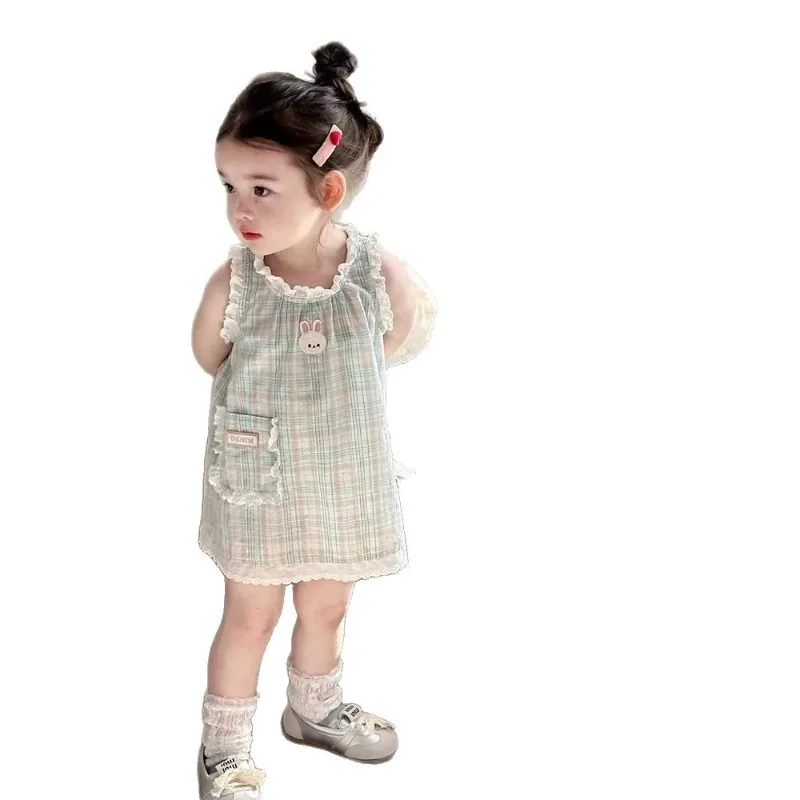 ¡2025 nuevo vestido camisola con ribete de encaje para niñas de verano: lindo estampado de conejo, vestido transpirable elegante y adorable para niñas pequeñas! - imagen 3