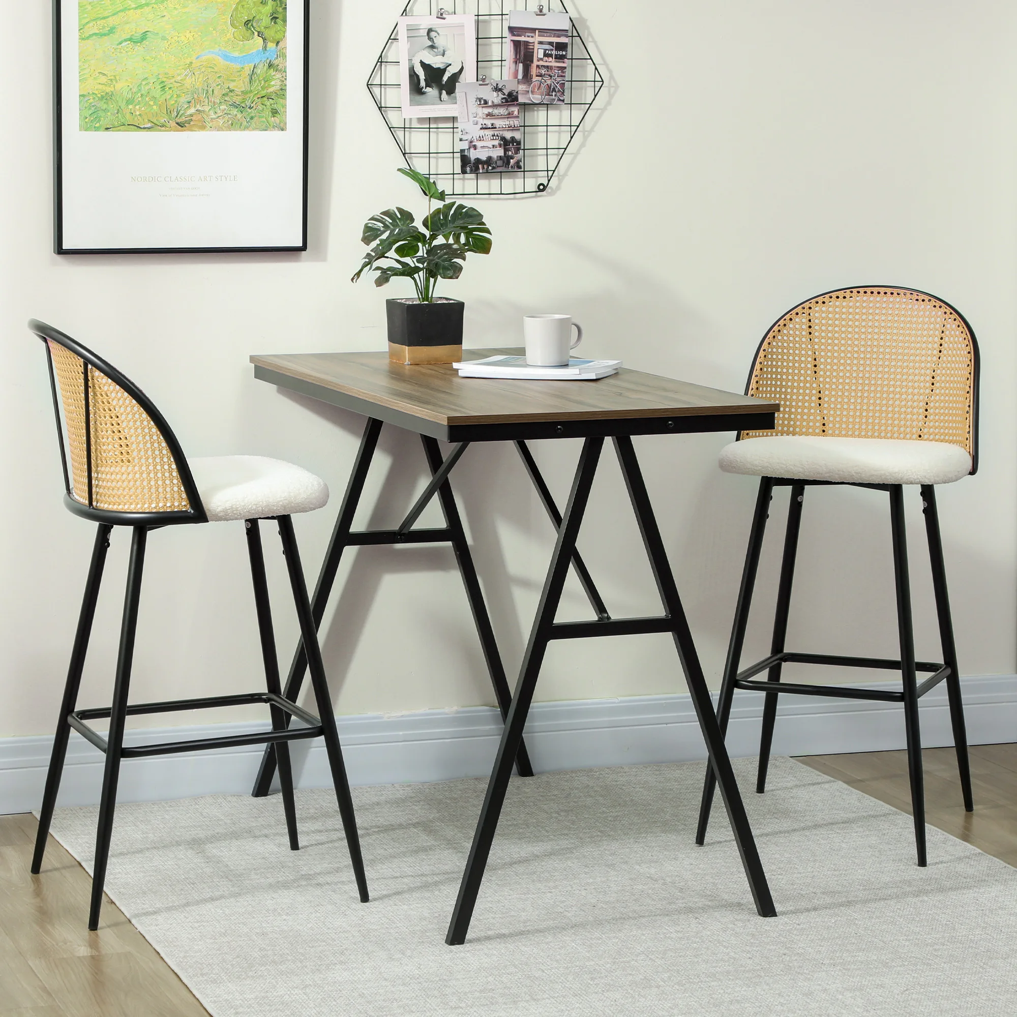 HOMCOM Juego de 2 Taburetes de Bar, Taburetes Altos de Cocina con Respaldo de Ratán, Asiento Tapizado en Borreguito, Marco de Acero y Reposapiés para Comedor, Mostrador, Blanco Crema