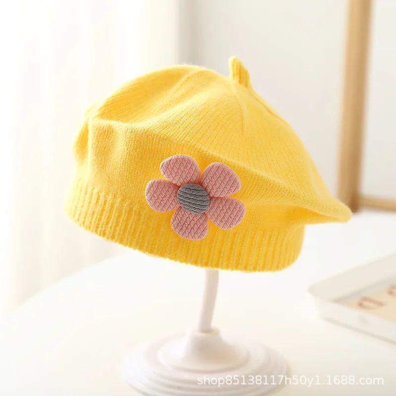Gorro de bebé de 0 a 4 años, boina de flores bonita para otoño e invierno, gorros de lana a la moda para niños, gorro tejido para niña - imagen 3