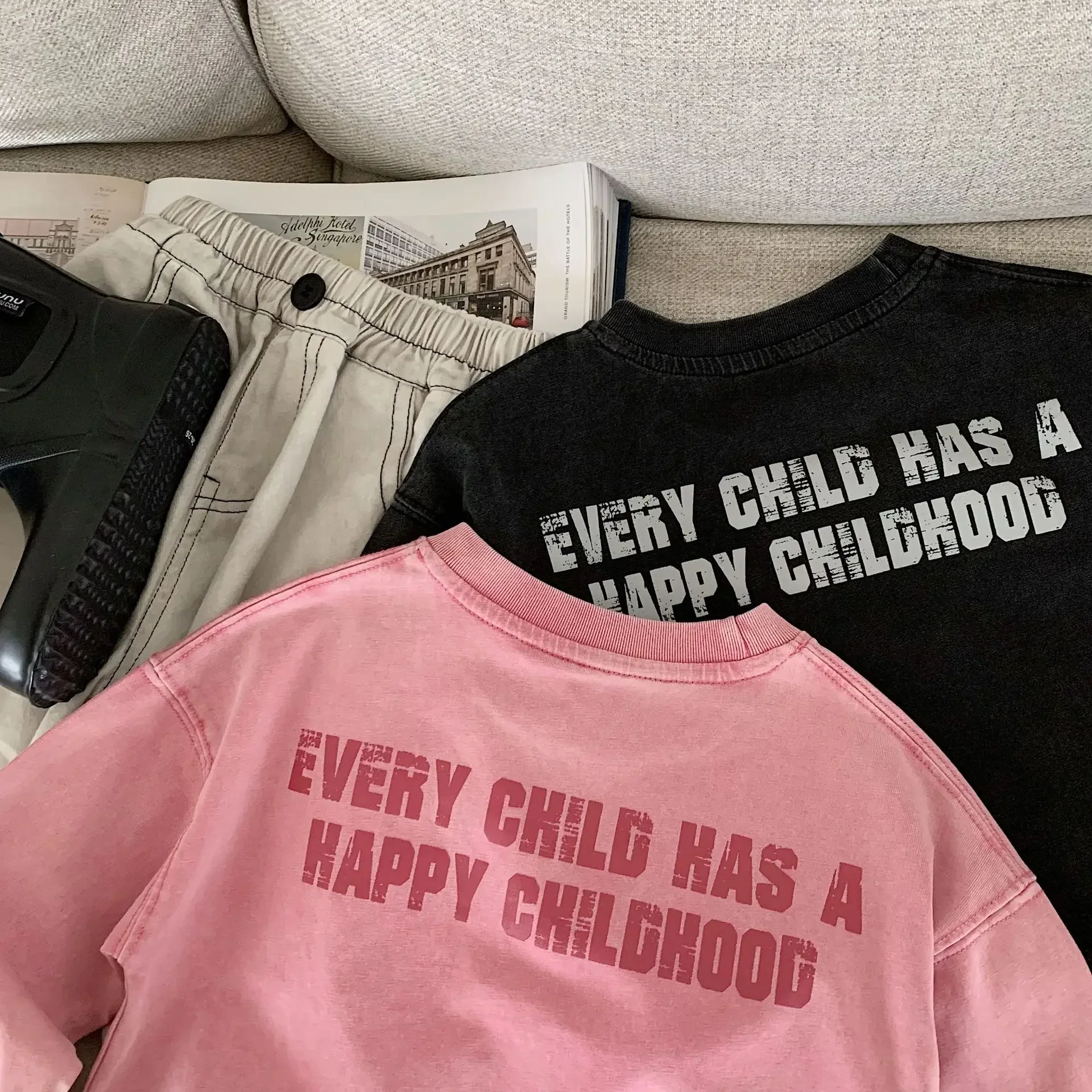 Camiseta de manga larga con estampado de letras para niños y niñas, camiseta holgada Vintage lavada, totalmente nueva de algodón puro, 2026 - imagen 4